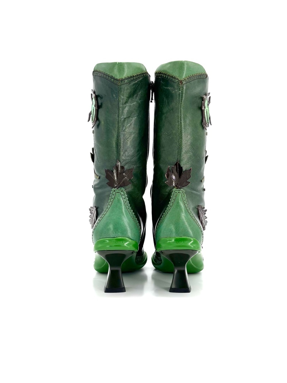 Vintage Prada FW1999 Runway Green Leaves and Bug Applique Leather Boots 38.5 - Picture 4 of 12